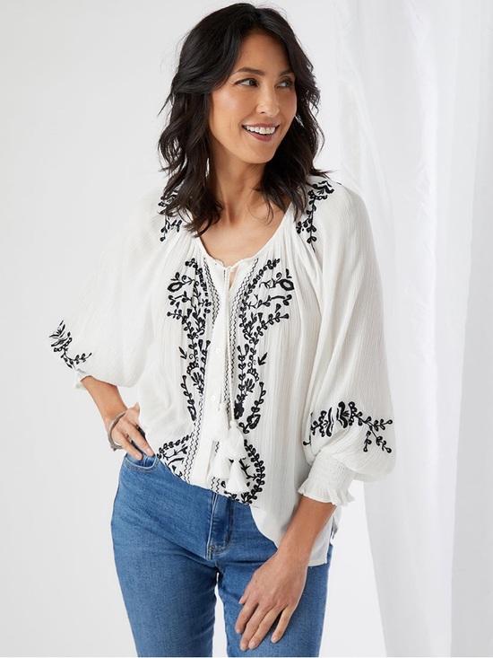Karen Kane Tops - Karen Kane White Peasant Blouse with Black Embroidery